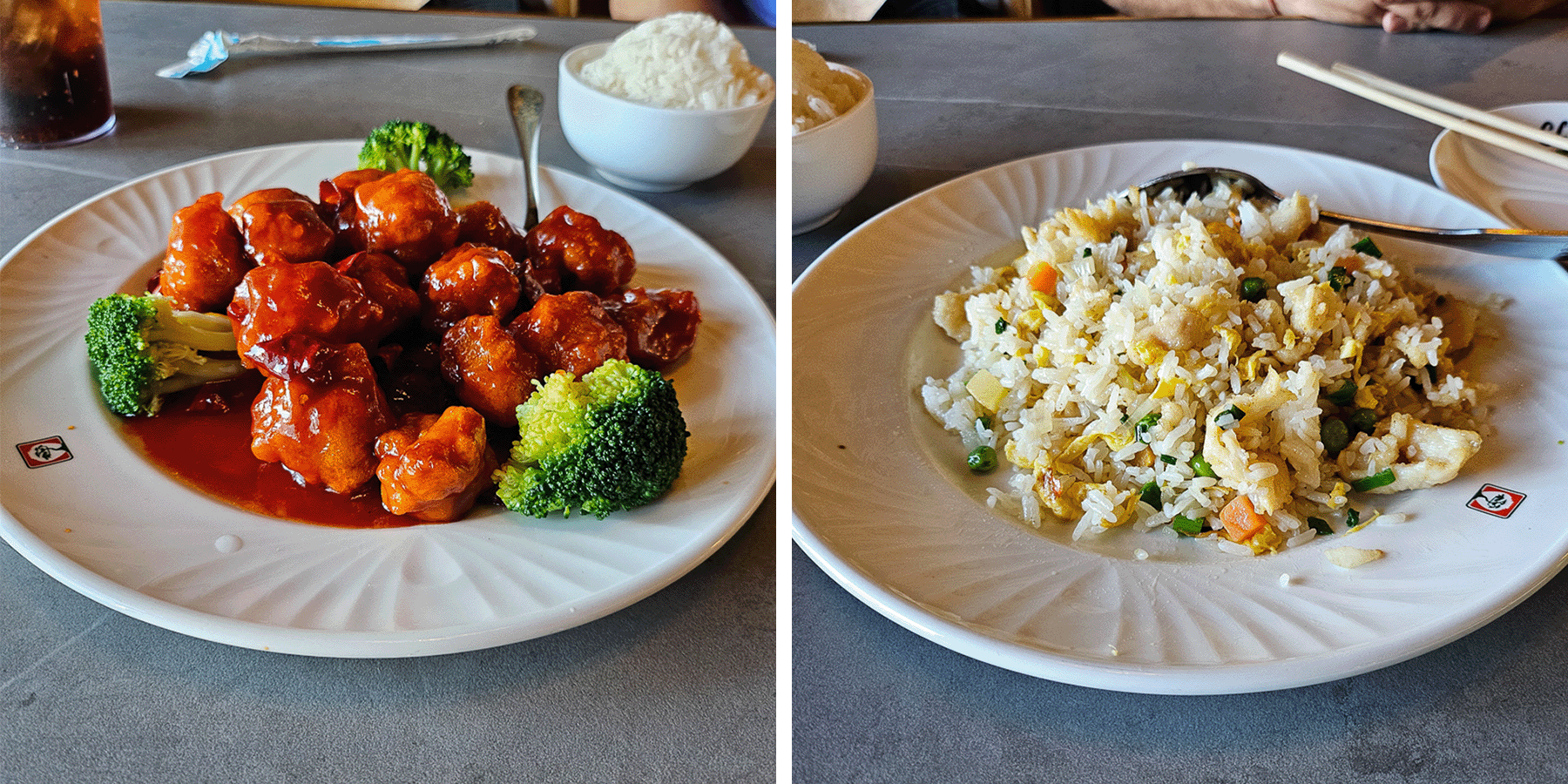 two images with plates of chinese dishes